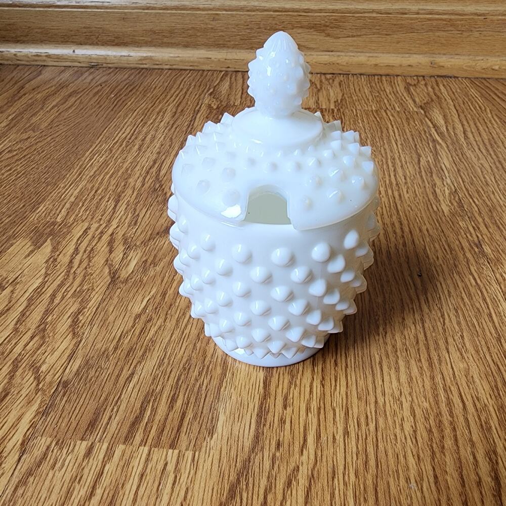 Fenton Milk Glass Hobnail Condiment Jam Jelly Jar Slottted Lid White 5" Tall